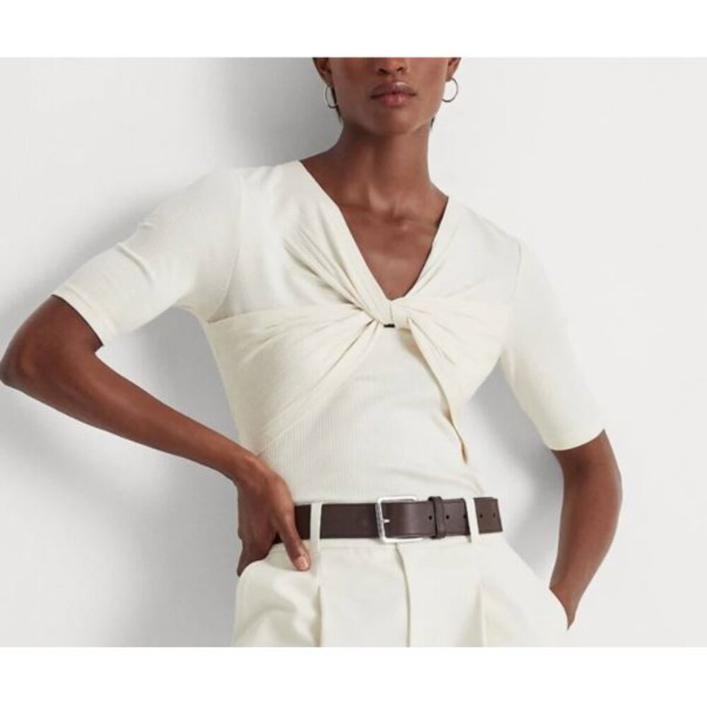 LAUREN Ralph Lauren Twist-Front Rib-Knit Cotton-Blend Tee Winter Cream XL NWT